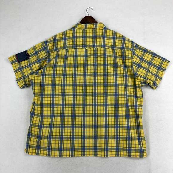 Bugle Boy Men's Size 3X** Yellow Blue Plaid Print Short Sleeve Button Up Shirt - Picture 9 of 9
